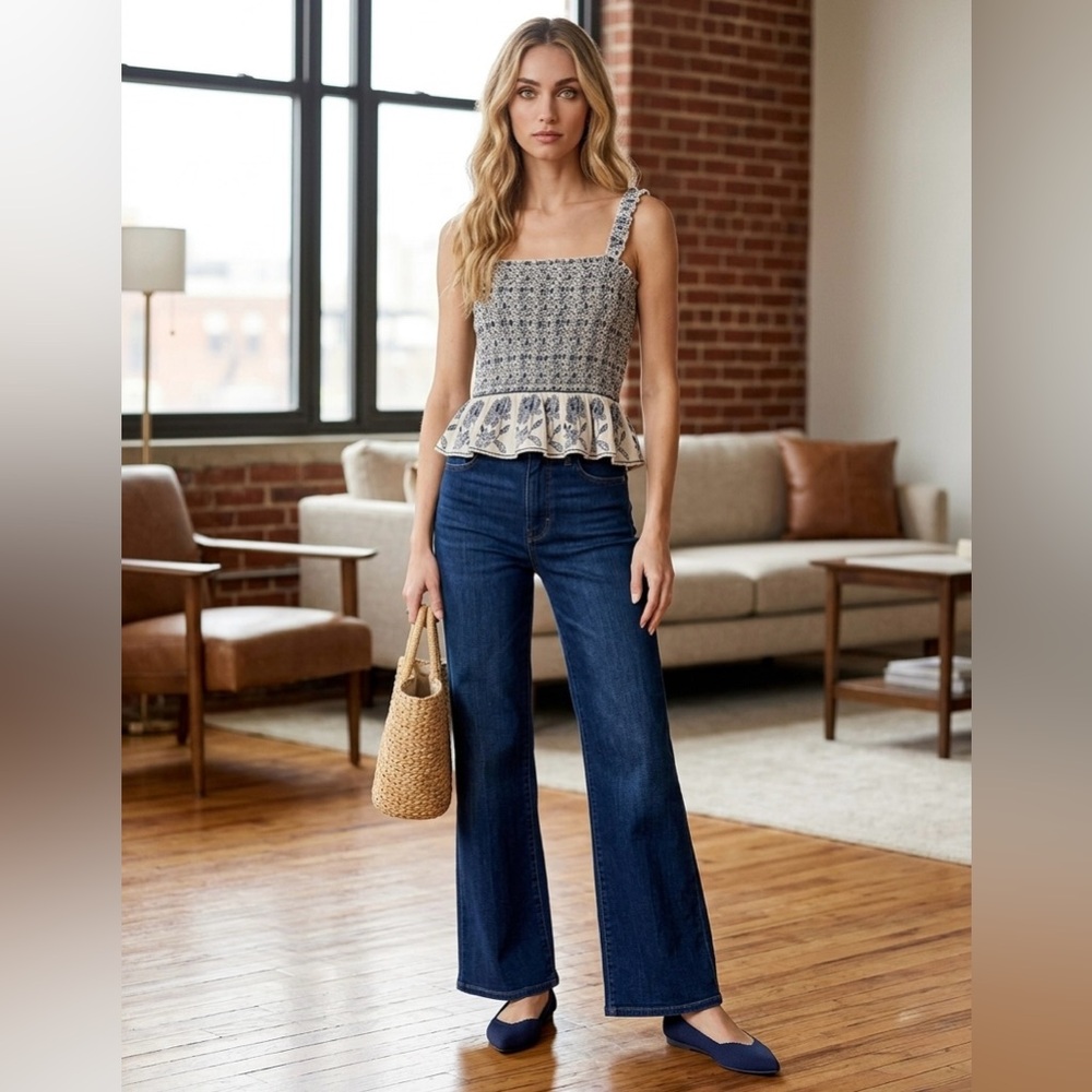 Patrons of Peace Cream & Navy Smocked Peplum Cami
